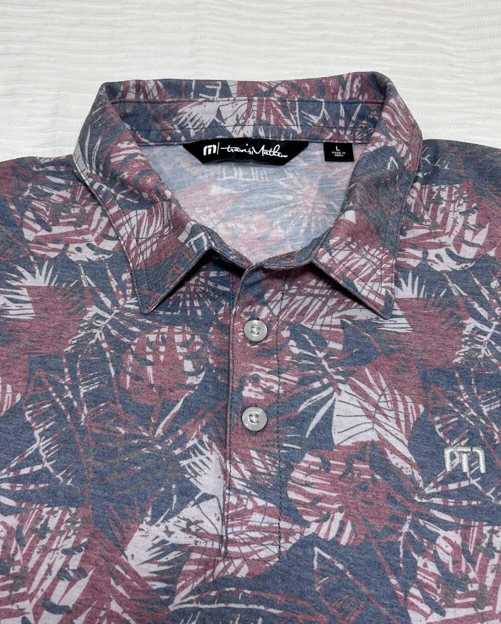 TravisMathew Mainlanders Floral Polo Size L Blue Burgundy Tropical Leaf